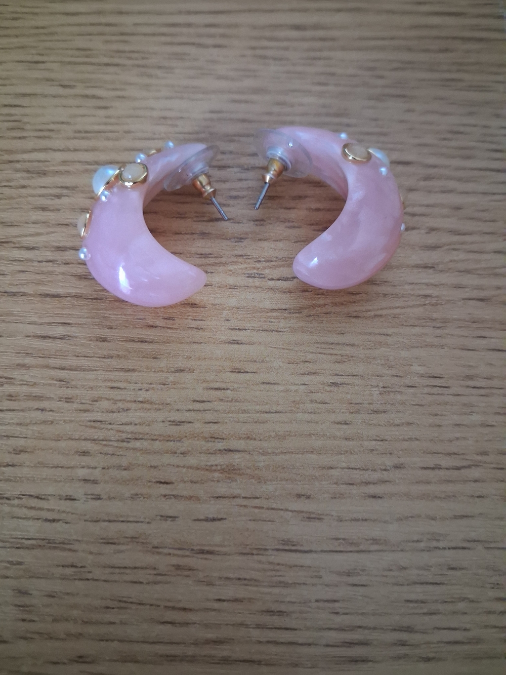 Ann Taylor Pink Resin Hoop Earrings with Pearl and Gold Accents - Picture 6 of 8